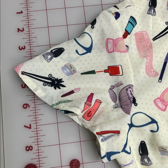 UNIQUE VINTAGE Retro Novelty "Make Up" Print SHT SLV Belted Full Skirt Dress XS - Picture 6 of 16